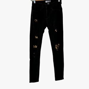 Judy Blue Leopard Patch Distressed Black Mid Rise Skinny Jeans Womens size 3/26
